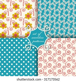 Set of seamless vector illustrations. Abstract shapes and decorative flowers