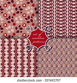 Set of seamless vector illustrations. Abstract shapes and decorative flowers

