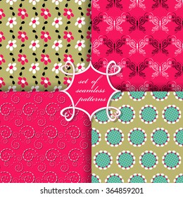Set of seamless vector illustrations. Abstract shapes, butterfly and decorative flowers