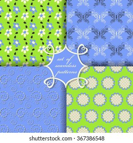 Set of seamless vector illustrations. Abstract shapes, butterfly and decorative flowers