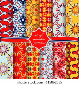 Set of seamless vector illustrations. Abstract shapes and decorative flowers