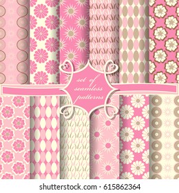 Set of seamless vector illustrations. Abstract shapes and decorative flowers