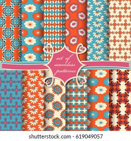 Set of seamless vector illustrations. Abstract shapes and decorative flowers