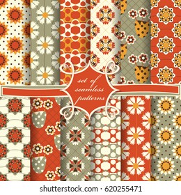 Set of seamless vector illustrations. Abstract shapes and decorative flowers