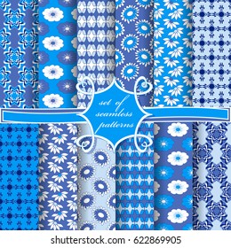 Set of seamless vector illustrations. Abstract shapes and decorative flowers