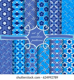 Set of seamless vector illustrations. Abstract shapes and decorative flowers