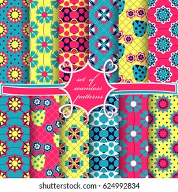 Set of seamless vector illustrations. Abstract shapes and decorative flowers