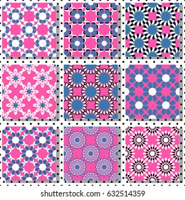 Set of seamless vector illustrations. Abstract shapes and decorative flowers