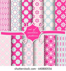 Set of seamless vector illustrations. Abstract shapes and decorative flowers
