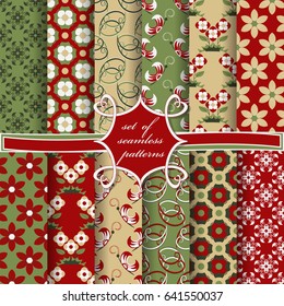 Set of seamless vector illustrations. Abstract shapes and decorative flowers