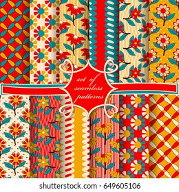 Set of seamless vector illustrations. Abstract shapes and decorative flowers