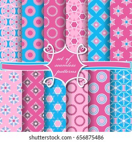 Set of seamless vector illustrations. Abstract shapes and decorative flowers 