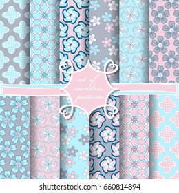 Set of seamless vector illustrations. Abstract shapes and decorative flowers