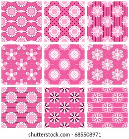 Set of seamless vector illustrations. Abstract decorative flowers 