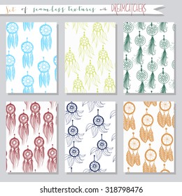 Set of seamless vector illustrations and cards with dream catchers. Ethnic background textures in collections