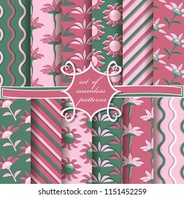 set of seamless vector illustrations with decorative flowers, abstract shapes and design elements for scrapbook