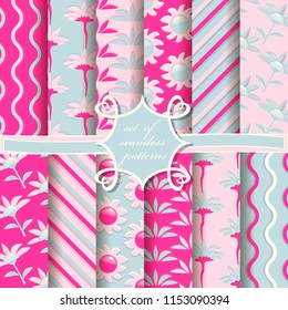 set of seamless vector illustrations with decorative flowers, abstract shapes and design elements for scrapbook