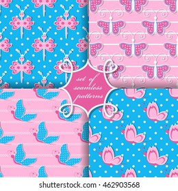 Set of seamless vector illustrations. Decorative butterflies