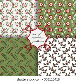 Set of seamless vector illustrations. Flowers, branches with berries