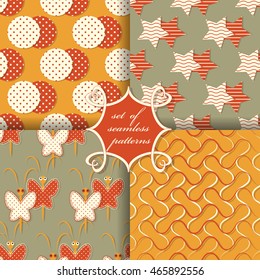 Set of seamless vector illustrations. Geometric shapes, decorative butterflies, wavy lines pattern  