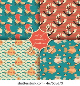 Set of seamless vector illustrations. Marine symbols. Lifebuoy, anchor, ship, bathyscaphe, fish