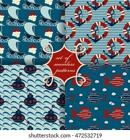 Set of seamless vector illustrations. Marine symbols. Lifebuoy, anchor, ship, bathyscaphe, fish