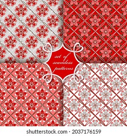 Set of seamless vector illustrations. Patterns of geometric shapes, decorative flowers. Can be used for wallpaper, image fill, web page, background, surface.