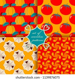 Set of seamless vector illustrations with symbols of autumn. Pumpkin, tomato, cobweb.