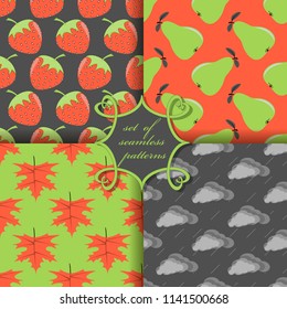 Set of seamless vector illustrations with symbols of autumn. Strawberry, pear, autumn maple leaves, clouds