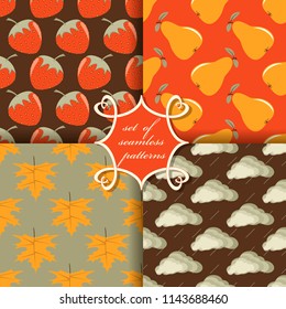 Set of seamless vector illustrations with symbols of autumn. Strawberry, pear, autumn maple leaves, clouds