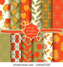 Set of seamless vector illustrations with symbols of autumn. Cucumber, pepper, plum, cobweb, leaves