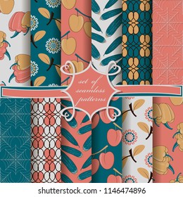 Set of seamless vector illustrations with symbols of autumn. Cucumber, pepper, plum, cobweb, leaves