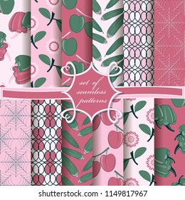 Set of seamless vector illustrations with symbols of autumn. Cucumber, pepper, plum, cobweb, leaves