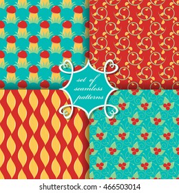 Set of seamless vector illustrations of Thanksgiving Day. Mushrooms, berries, decorative branches, leaves