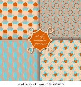Set of seamless vector illustrations of Thanksgiving Day. Mushrooms, berries, decorative branches, leaves