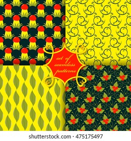 Set of seamless vector illustrations of Thanksgiving Day. Mushrooms, berries, decorative branches, leaves