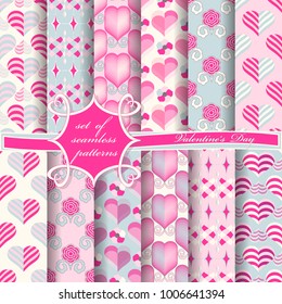 Set of seamless vector illustrations of Valentine's Day. Heart, abstract shapes, decorative flowers, design elements for scrapbook