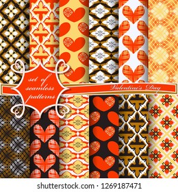 Set of seamless vector illustrations of Valentine's Day. Heart, abstract shapes, decorative flowers, design elements for scrapbook