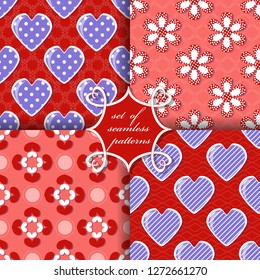 Set of seamless vector illustrations of Valentine's Day. Heart, abstract shapes, decorative flowers, design elements for scrapbook