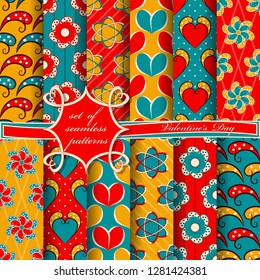 Set of seamless vector illustrations of Valentine's Day. Heart, abstract shapes, decorative flowers, design elements for scrapbook