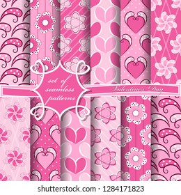 Set of seamless vector illustrations of Valentine's Day. Heart, abstract shapes, decorative flowers, design elements for scrapbook