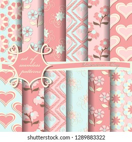 Set of seamless vector illustrations of Valentine's Day. Heart, abstract shapes, decorative flowers, design elements for scrapbook