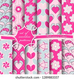 Set of seamless vector illustrations of Valentine's Day. Heart, abstract shapes, decorative flowers, design elements for scrapbook