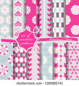 Set of seamless vector illustrations of Valentine's Day. Heart, abstract shapes, decorative flowers, design elements for decoration