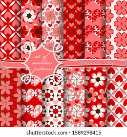 Set of seamless vector illustrations of Valentine's Day. Heart, abstract shapes, decorative flowers, design elements for decoration
