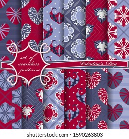 Set of seamless vector illustrations of Valentine's Day. Heart, abstract shapes, decorative flowers, design elements for decoration