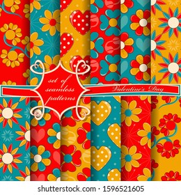 Set of seamless vector illustrations of Valentine's Day. Heart, abstract shapes, decorative flowers, design elements for decoration