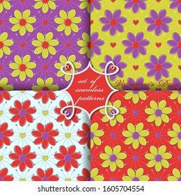 Set of seamless vector illustrations of Valentine's Day. Heart, multicolored decorative flowers
