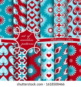 Set of seamless vector illustrations of Valentine's Day. Heart, abstract shapes, decorative flowers