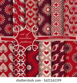 Set of seamless vector illustrations of Valentine's Day. Heart, abstract shapes, decorative flowers
